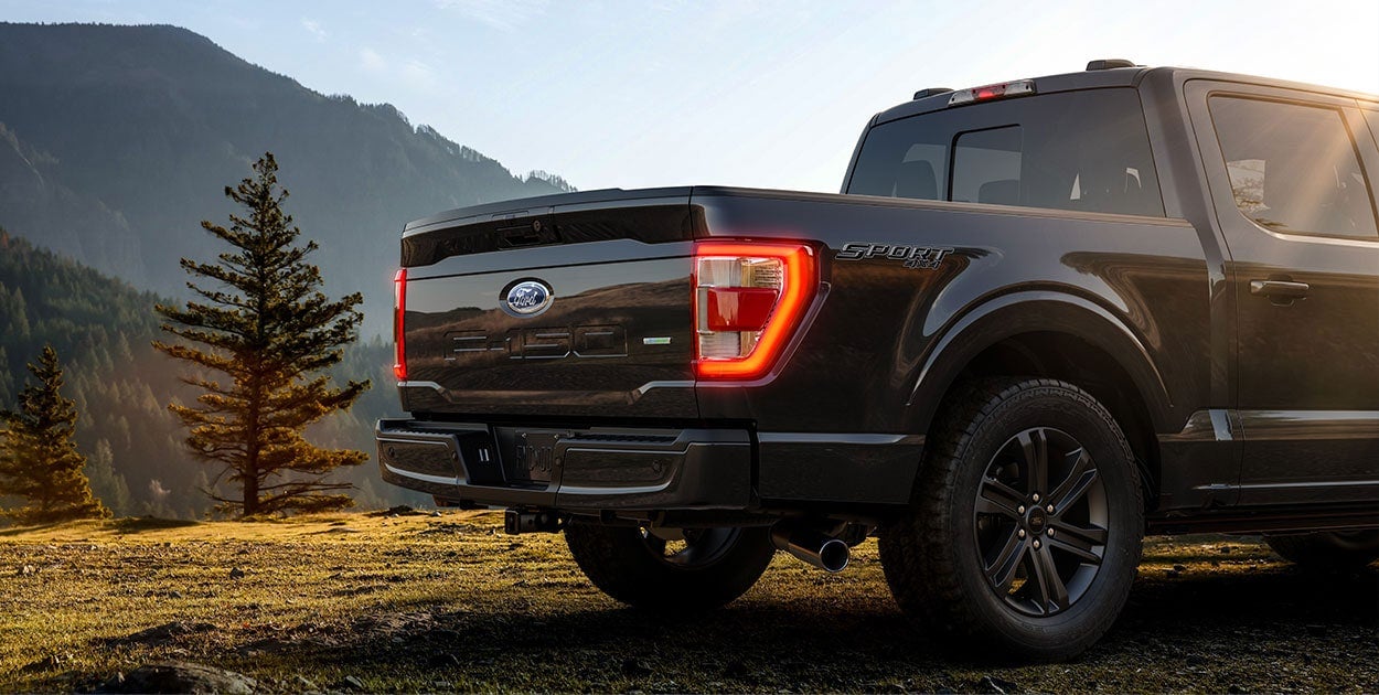 A Ford F-150 highlighting its spacious cargo bed and off-road capability while parked in a picturesque natural setting.
